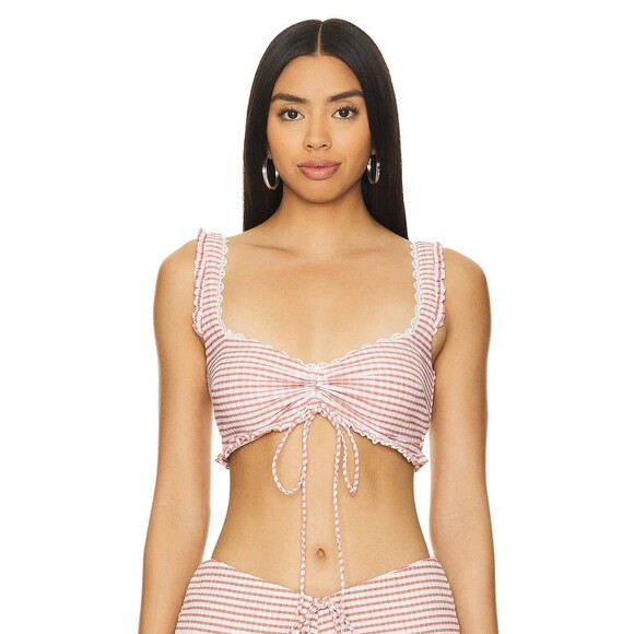 NEW LOBA Jimena Top in Bronze Gingham M Searsucker Ruched Tie Ruffles NWT - Picture 1 of 8